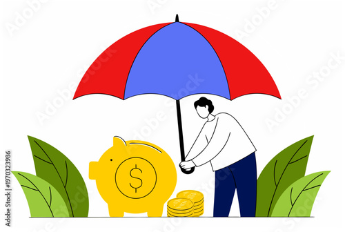 Man protecting piggy bank and money with umbrella. Savings, emergency fund, and financial security concept. Flat outline vector illustration