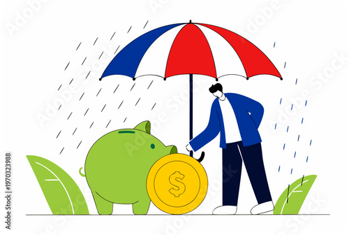 Man cartoon character protecting piggy bank and coin with umbrella in rain. Financial crisis, emergency fund, and savings concept. Vector illustration