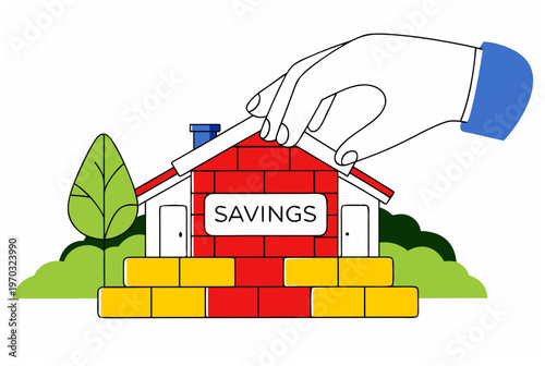 Hand building a red house with yellow brick base labeled savings. Concept of personal finance, emergency fund, and financial behavior. Vector illustration