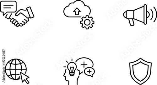 Business and technology icons set including handshake cloud computing megaphone globe and security shield symbols for corporate marketing strategy and communication,