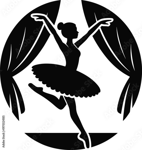 Ballet silhouette illustration, ballerina dancing gracefully on stage with tutu, lifted leg, extended arms, theatrical curtain backdrop, performance art theme, vector design, black isolated figure