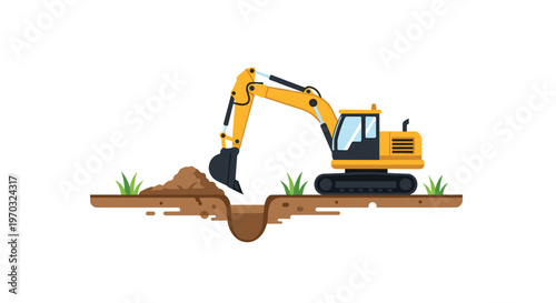 A yellow excavator with black tracks is digging a rectangular trench in brown soil with a dirt mound.