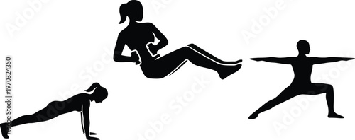 Fitness Exercise Silhouette Set with Plank Crunch and Yoga Warrior Pose for Health Workout and Wellness App Design