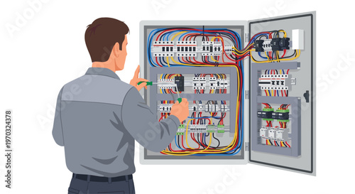 A male electrician from behind works on a complex open electrical panel with a dense array of colorful wires.