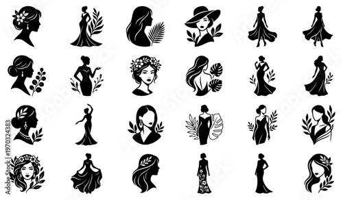 Feminine silhouettes set showcasing women in elegant dresses and portraits with floral botanical elements