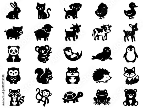 Collection of cute animal silhouette icons featuring domestic pets farm wildlife and forest creatures in black
