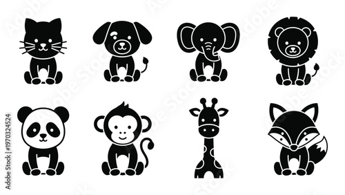 A collection of adorable black silhouette icons depicts a variety of young animals including a cat dog elephant and fox