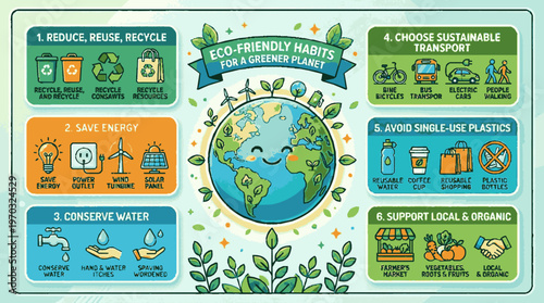 Eco friendly habits for a greener planet infographic with six sustainable living tips