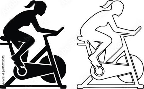 Woman on stationary exercise bike vector set featuring silhouette and outline icons