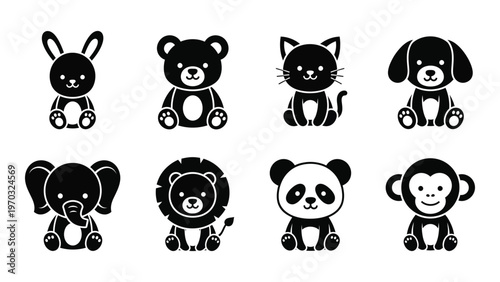 A collection of eight black silhouette icons depicting various adorable baby animals including a rabbit bear and elephant high quality professional