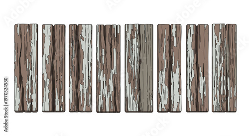 Eight individual, vertically oriented wooden planks with distressed texture and peeling light blue-grey paint are arranged in a row.