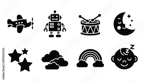 A collection of black silhouette icons depicting childhood dreams airplanes robots drums moons stars and a sleeping baby high quality professional