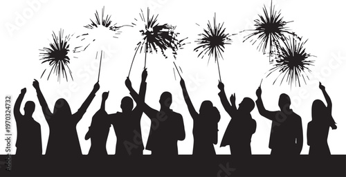 People holding sparklers and celebrating with fireworks silhouette