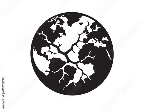 Cracked Earth globe vector icon, global environmental crisis symbol, distressed planet illustration, climate change impact graphic, ecological disaster concept for sustainability projects.