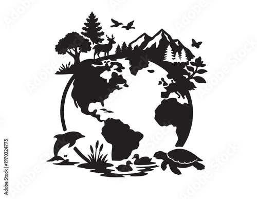 Global nature conservation vector illustration, Earth Day environmental protection graphic, wildlife and landscape silhouette design, ecology and sustainability concept art