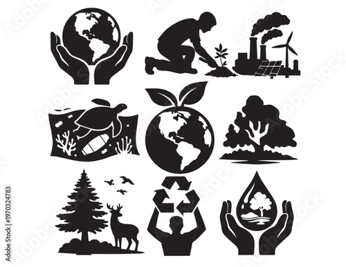 Environmental conservation vector icon set, global sustainability and ecological protection graphics, nature preservation and planet earth care symbols for eco-friendly designs.