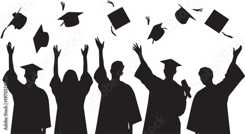 Multiple silhouettes of graduates celebrating with thrown caps