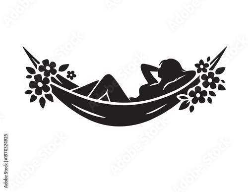 Relaxing woman silhouette in a floral hammock, serene leisure vector illustration, tranquil vacation and summer holiday graphic resource