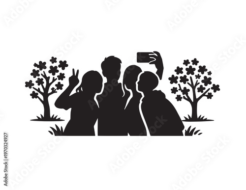 Group selfie silhouette, friends taking photo together, black vector illustration, social media and technology concept, digital communication, friendship and connection