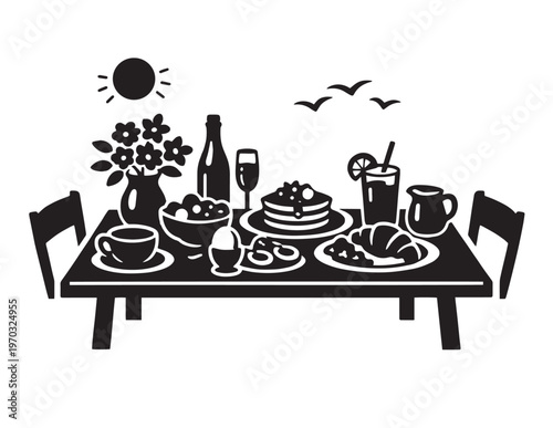 Elegant breakfast table vector illustration, morning meal spread with pancakes, croissants, coffee, and juice, perfect for restaurant menus or food blogs, black and white graphic resource.