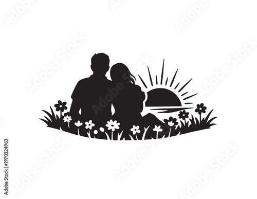 Romantic couple silhouette vector illustration, man and woman embracing in a field of flowers at sunset, serene outdoor scene graphic for love and relationships