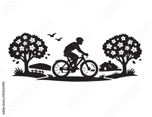 Cyclist riding a bicycle through a scenic rural landscape, black and white silhouette vector illustration. Outdoor recreation and active lifestyle graphic
