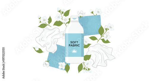 A white bottle of SOFT FABRIC softener is surrounded by jasmine flowers, green leaves, and blue and white fabric swatches on a white background.