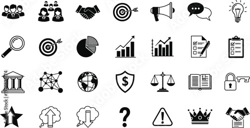 Professional business and management icon set including marketing, analytics, and strategy symbols