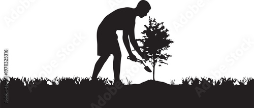 Silhouette of a man planting a tree with a shovel and trowel