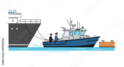 A flat vector image showing a harbor boat carrying crew members to and from ships at the dock, designed with simple geometric forms, a modern maritime theme, and a white background.