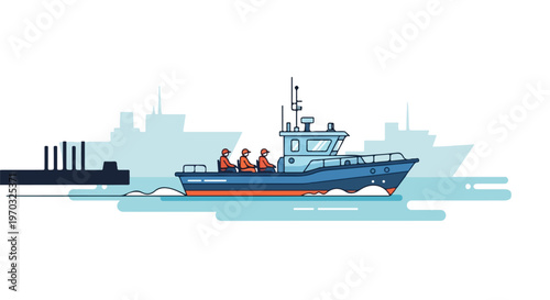A minimal flat vector illustration of a small harbor boat transporting crew members between ships and the dock, featuring simple shapes, a modern maritime concept, and a white background.