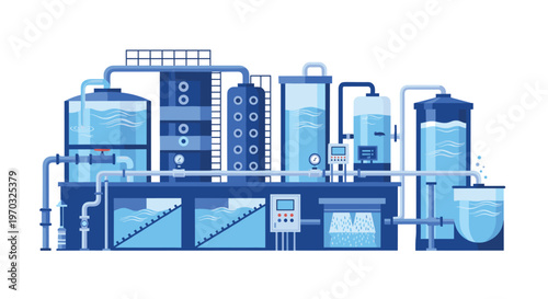 A large industrial water treatment plant with numerous blue tanks and pipes processes water through a complex system.