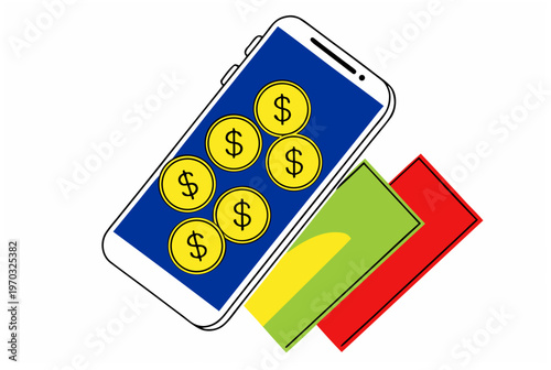 Smartphone with coins on screen and bills behind, depicting mobile payment, online transaction, and financial management in vector illustration