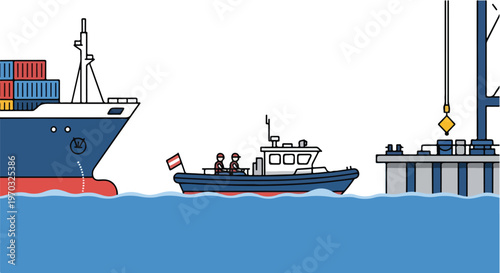 A flat vector image of a small harbor vessel transporting crew members between ships and the dock, featuring simple shapes, a modern maritime concept, and a white background.