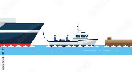 A clean flat vector illustration of a harbor boat moving crew members between the dock and ships, with simple geometric elements, a modern maritime theme, and a white background.
