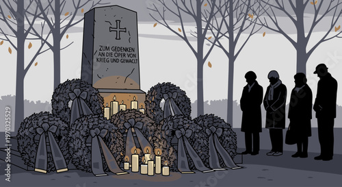 Illustration of people standing by a memorial with wreaths and candles in a somber outdoor setting with bare trees.