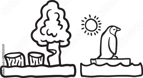Tree stumps next to penguin on ice floe illustration with climate change with habitat loss with tree cutting