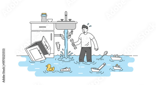 A cartoon man holds a wrench in a flooded kitchen with water gushing from a leaky sink pipe.