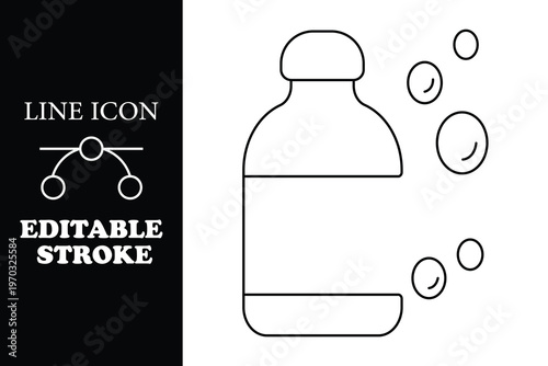 Black and white line of soda bottle with bubbles line editable stroke beverage