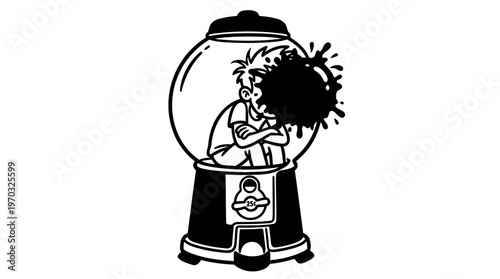 Minimalist Gumball Machine with Bubblegum Face Cartoon Line Art, Monochrome Vector Illustration of Sticky Fail Humor