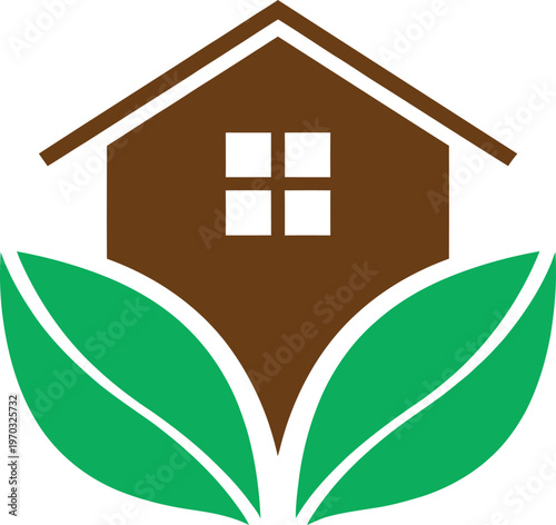A clean and modern eco home logo featuring a house placed above two green leaves, symbolizing sustainable living, nature, and environmentally friendly housing. This minimal and professional design is 