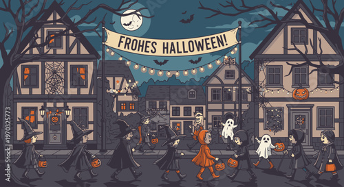 Illustration of people in Halloween costumes walking on a street with a 'Frohes Halloween!' banner in a whimsical nighttime scene with orange and blue tones.