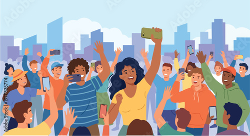 Diverse Group of Happy People Taking Photos and Selfies with Smartphones in City, Excited Crowd Recording Video and Cheering at Outdoor Event with Urban Skyline Background, Vector Illustration