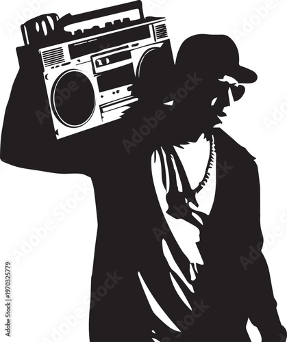 Silhouette of a man with a boombox and chain necklace