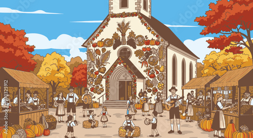 Pixel art illustration of a church surrounded by autumn market stalls and people in traditional clothing under a blue sky with white clouds.