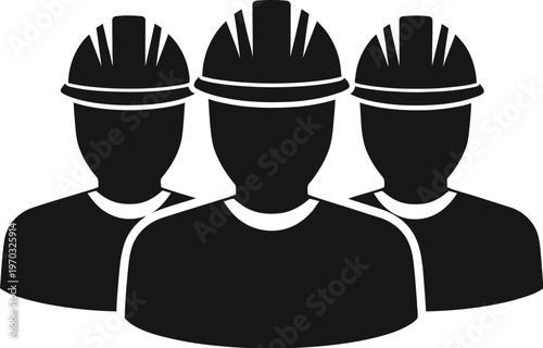 Team of construction workers wearing hard hats and uniforms stand ready for industrial tasks.