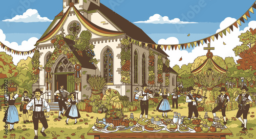 Pixel art illustration of people in traditional German clothing celebrating outdoors in front of a church with a garden and festive banners under a blue sky.