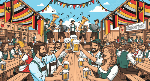 Illustration of people celebrating and drinking beer in a traditional German beer garden with live music and festive decorations.
