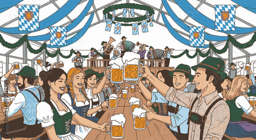 Illustration of people in traditional German clothing toasting with beer steins at a long wooden table in a festive hall with blue and white checkered banners and green garlands.