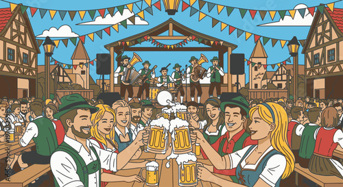 Illustration of people in traditional German attire clinking beer steins together at a lively outdoor festival with a band and colorful decorations.